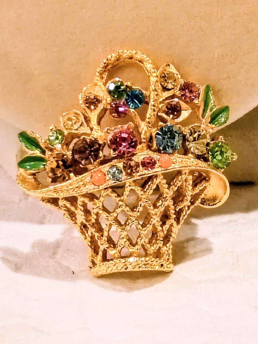 Flower Basket Brooch Pendant Colorful Rhinestones Goldtone Filigree Basket VTG